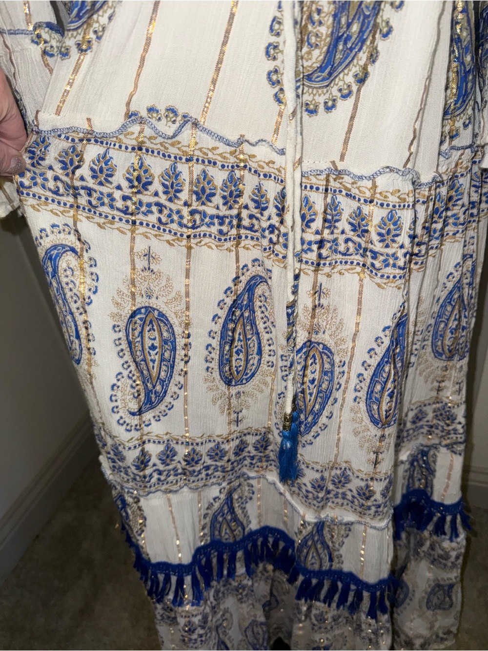 Off-Shoulder White Maxi Dress with Blue Paisley Print - Picture 8 of 11